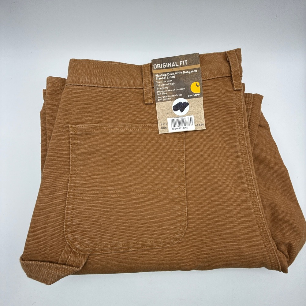 Carhartt B111 BRN Washed Duck Work Dungaree Flannel Lined Brown 40x34 NWT